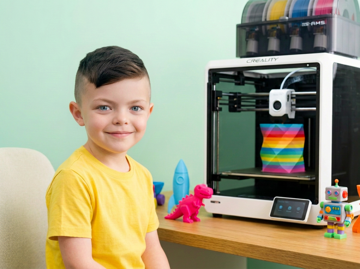 3D printer with a green printed dinosaur and colourful printed toys on Ethan's desk.